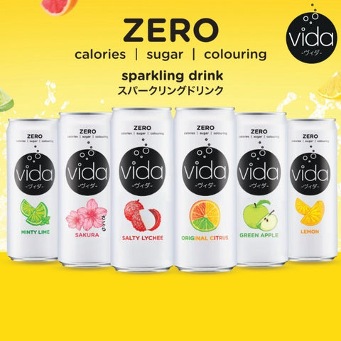 A can of Vida Zero Sparkling Drink, distributed by RHCI in Canada. Contains ZERO artificial coloring, sugar, and calories. Each 325ml can offers a refreshing flavor experience.