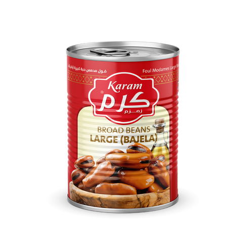 Karam Broad Beans Large (Bajela) - 380g Can. High-quality large broad beans from Jordan, exclusively distributed by RHCI in Ontario, Canada. Perfect for enhancing culinary offerings with authentic Middle Eastern flavors. Conveniently packed in cartons of 24 cans.