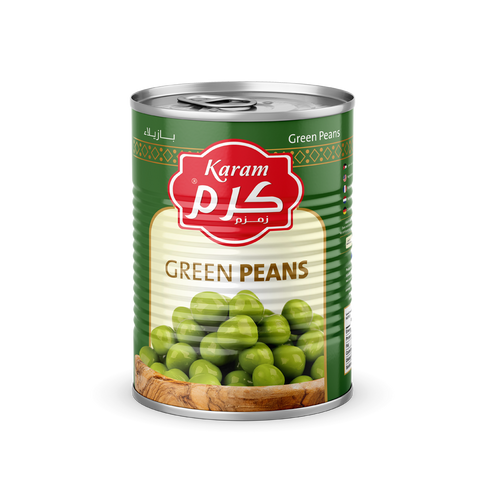 Karam Green Peas - 380g Can. Premium green peas from Jordan, exclusively distributed by RHCI in Ontario, Canada. Ideal for adding a touch of freshness to your dishes with authentic Middle Eastern flavors. Packed in cartons of 24 cans.