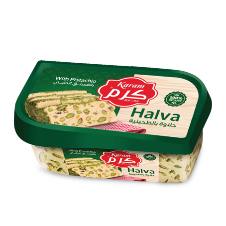 Karam Halva with Pistachio - 750g x 6. Rich and creamy halva infused with crunchy pistachios, packaged in 750g boxes. Exclusively distributed by RHCI in Ontario, Canada. Perfect for indulging in a traditional Middle Eastern dessert. Packaged in cartons of 6 boxes.