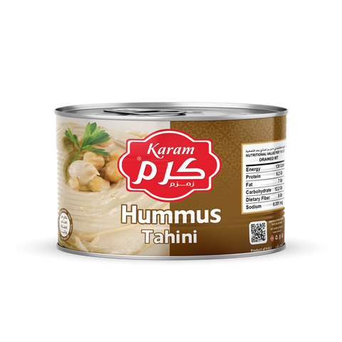 Karam Hummus Tahini (Easy Open Can) - 380g. Creamy hummus blended with tahini, conveniently packed in easy-open cans. Exclusively distributed by RHCI in Ontario, Canada. Perfect for dipping, spreading, or as a flavorful ingredient in various dishes. Packed in cartons of 24 cans.