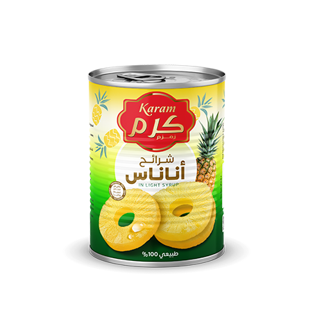 Karam Pineapple Slices (Easy Open Can) - 380g. Juicy pineapple slices packed in easy-open cans for your convenience. Exclusively distributed by RHCI in Ontario, Canada. Perfect for snacking, baking, or adding a tropical twist to your dishes. Packed in cartons of 24 cans.