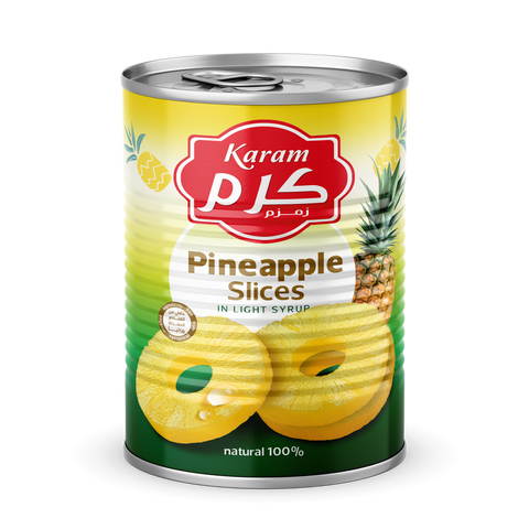 Karam Pineapple Slices (Easy Open Can) - 380g. Juicy pineapple slices packed in easy-open cans for your convenience. Exclusively distributed by RHCI in Ontario, Canada. Perfect for snacking, baking, or adding a tropical twist to your dishes. Packed in cartons of 24 cans.