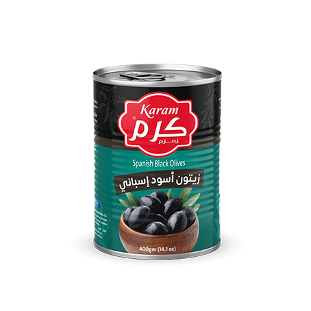 Karam Spanish Black Olives (Easy Open Can) - 380g. Delicious Spanish black olives, conveniently packed in easy-open cans. Exclusively distributed by RHCI in Ontario, Canada. Perfect for salads, appetizers, or as a savory addition to your dishes. Packed in cartons of 24 cans.