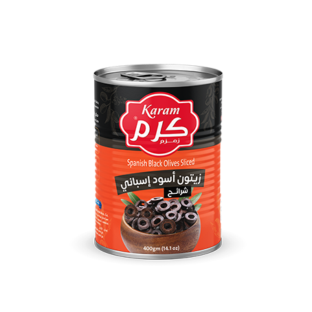 Karam Spanish Black Olive Slices (Easy Open Can) - 380g. Sliced Spanish black olives, conveniently packed in easy-open cans. Exclusively distributed by RHCI in Ontario, Canada. Perfect for topping pizzas, salads, or as a flavorful garnish. Packed in cartons of 24 cans.