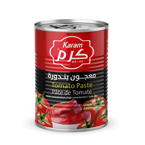 Karam Tomato Paste (Easy Open Small Can) - 400g x 24. Rich and flavorful tomato paste, conveniently packed in small easy-open cans. Exclusively distributed by RHCI in Ontario, Canada. Perfect for sauces, soups, and stews. Packaged in cartons of 24 cans.