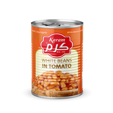 Karam White Beans with Sauce (Easy Open Can) - 280g x 24. Tender white beans in savory sauce, conveniently packed in easy-open cans. Exclusively distributed by RHCI in Ontario, Canada. Perfect for quick and delicious meals. Packaged in cartons of 24 cans.