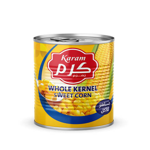 Karam Whole Kernel Sweet Corn (Easy Open Can) - 380g. Sweet and tender whole kernel sweet corn, packed in easy-open cans for your convenience. Exclusively distributed by RHCI in Ontario, Canada. Ideal for salads, soups, or as a side dish. Packed in cartons of 24 cans.